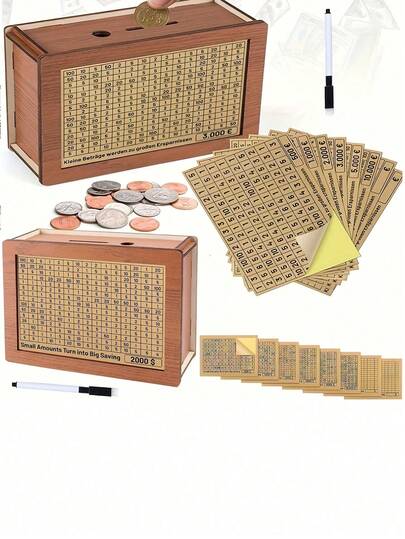 1pc Wooden Piggy Bank - With 8 Replaceable Savings Goal Stickers, For Cash & Coin Storage, Suitable For Couple Saving Challenge, Decorative Piggy Bank, Great Gift For Holiday, Valentine's Day, Christmas