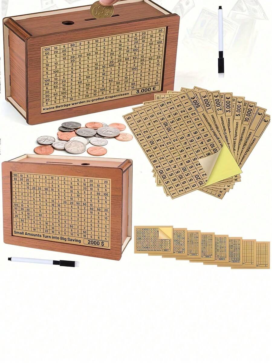 1个木制小猪存钱罐 - 配有8个可替换的储蓄目标贴纸，可用于存放现金和硬币，适合情侣储蓄挑战，装饰性小猪存钱罐，是节日、情人节、圣诞节的绝佳礼物。