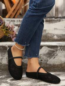 Women's New Black & Beige Retro Casual Elegant College Style Embroidered Flat Soft Bottom Elastic Band Sandals, Beige Fashion Versatile Lightweight Slide Sandals - Black - View 5