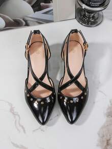 Teens Party High Heels, Fashionable Princess Pointed Toe Chunky Heel Pumps, Rivet Decor Stage Performance Gala Elegant High Heel Shoes - Black - View 3