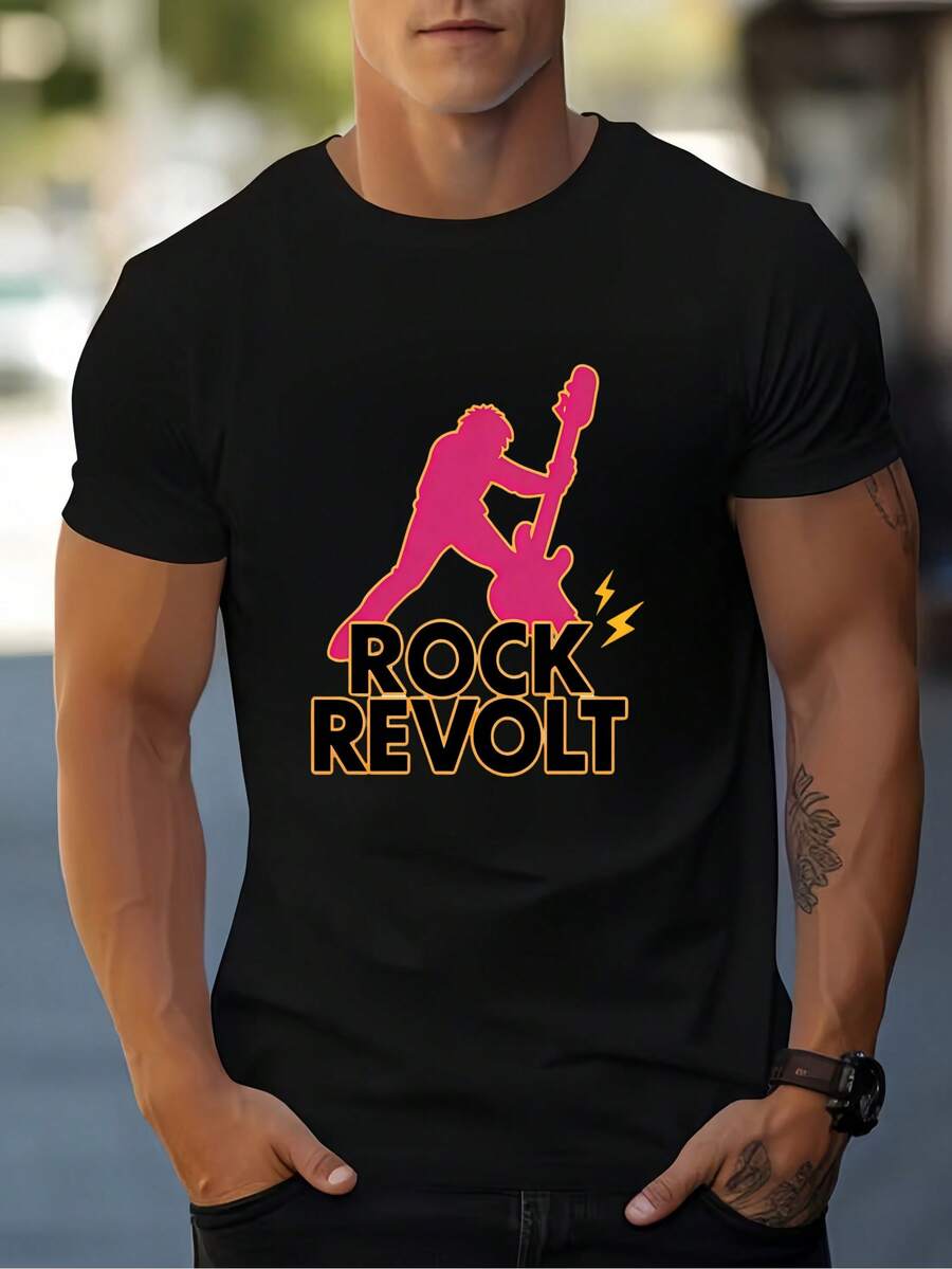 Men's Casual Sporty Fashion Short Sleeve T-Shirt, Pink Guitar 2D Print, Stretchy And Comfortable, Suitable For Sports, Travel, And Daily Wear - Regular Fit Round Neck, Knitted Fabric, Patterned T-Shirt, Comfortable Fit Shirt, Men's Printed - 黑色 - 查看 1