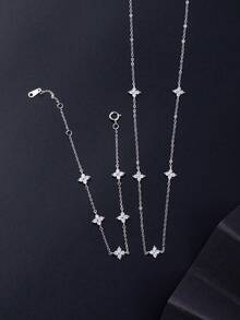 2件套925纯银项链+手链套装，四叶草项链，女士首饰套装，适合婚礼派对，百搭设计，日常佩戴亦可，高品质配饰