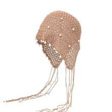 Merry Christmas/New Year Fashion Crochet Tassel Head Wrap Hat For Women, Beige Pearl Decor Boho Turban Hat, Breathable Knitted Headscarf Cap, Stylish Tassel Design Headwear For Party/Photo Shoot, One Size Fits Most,  Head Accessory For Daily Wear & Holiday Outfits - Màu Đỏ Sâu - Xem 6