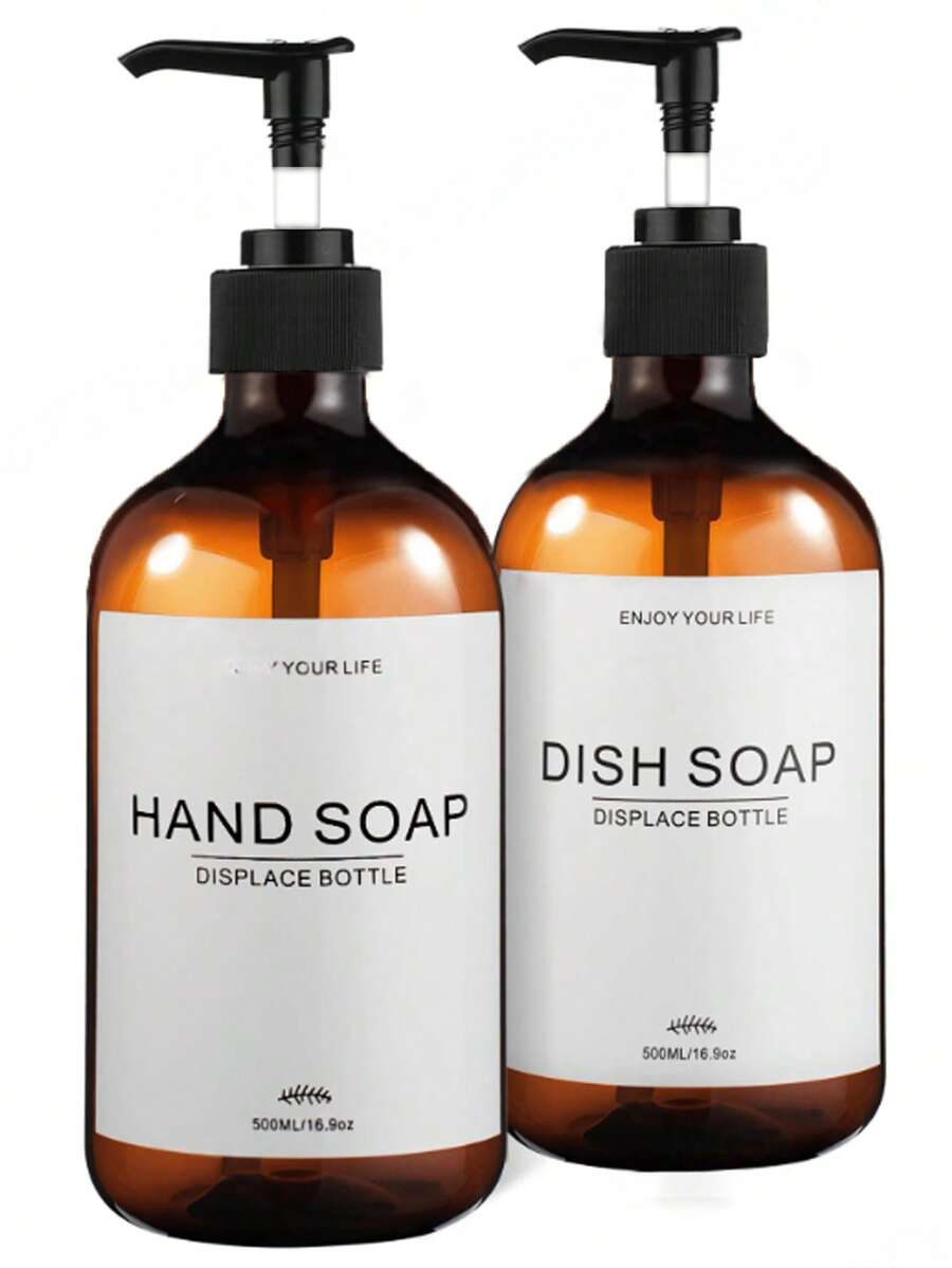 2pcs/Set 500ml Refillable Hand Soap And Dish Soap Dispenser Set, Reusable For Kitchen And Bathroom - Amber - View 1