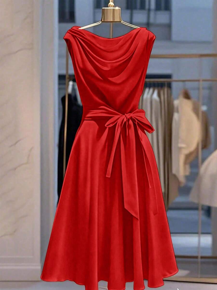 One Spring & Autumn Draped Neck Tied Dress, Elegant & Slim-Fitting, Retro Luxury Style, Dinner Party.Women's Dresses Elegant Party Women's Wear Elegant Women's Dresses. - Red - View 1