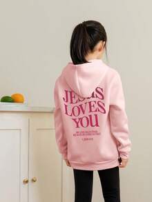 Tween Girl Students Loose Fit Graphic Printed Fleece Hoodies Casual Sweatshirts, Suitable For Spring, Autumn And Winter - Pink - View 2