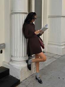 Women's Casual Chic High-End Daily Street Style Solid Color Open Collar Button Front Dress, Autumn/Winter - Brown - View 3