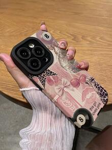 1pc Fashionable Vintage Bulb Leopard Print & Cherry Blossom Vertical Faux Leather Texture Anti-Slip Anti-Drop Soft Protective Phone Case Compatible With IPhone And Phones 17/17AIR/17PRO/17PROMAX - Multicolor - View 5