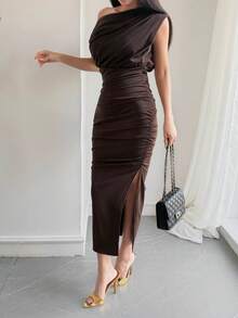 QIANZHIDU Solid Color Elegant Asymmetric Shoulder High Slit Ruffle Hem Bodycon Curve Dress, Suitable For Daily Office, Christmas Party, Wedding Guest, New Year, Fall Women Clothes - Coffee - View 6