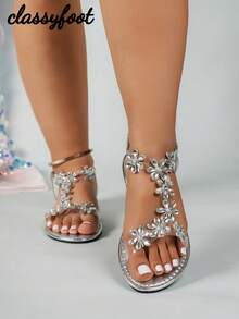 Wide Fit Women's 2024 New Casual Vacation Butterfly Decor Elastic Ankle Strap Fashionable Versatile Sexy Comfortable Lightweight Non-Slip Classic White Flat Sandals,Suitable For Summer Daily Wear, Party & Outdoor Activities - Metallic Silver - View 5