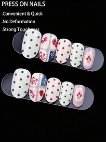 24片椭圆形美甲贴纸，春季/情人节风格（蓝色、红色波点、格子蕾丝、草莓、玫瑰、蕾丝花边设计），白色底，波点，美甲贴花，情人节礼物，亚克力美甲，适合女性约会、派对、日常拍照，提升您的魅力！ - 彩色 - 查看 3