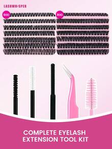 DIY Eyelash Extension Kit, Includes Adhesive, Remover, Tweezers And Brush, 280/560/600 Pcs Mixed Length 9-16mm D Curl Cluster False Eyelashes, Natural & Lightweight Reusable Individual Lashes - Multicolor - View 6