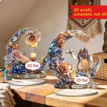 1/3 قطعة تمثال أكريليك مطبوع بالطباعة المسطحة 2D بشكل جمل وزهور لتزيين المكتب، مناسب للأعياد العربية والاحتفالات الإسلامية والحفلات وديكور المنزل والهدايا الفنية