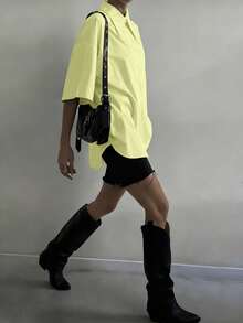 QIANZHIDU Pure Women's Fashion Shirts 2024 Spring Summer Autumn Elegant Half Sleeve Button Up Shirt Office Beautiful Blouse For Women Tops Summer Outfits For Women Spring Outfits For Women Summer Tops Valentine's Day And New Year Outfits - Fluorescent Green - View 5