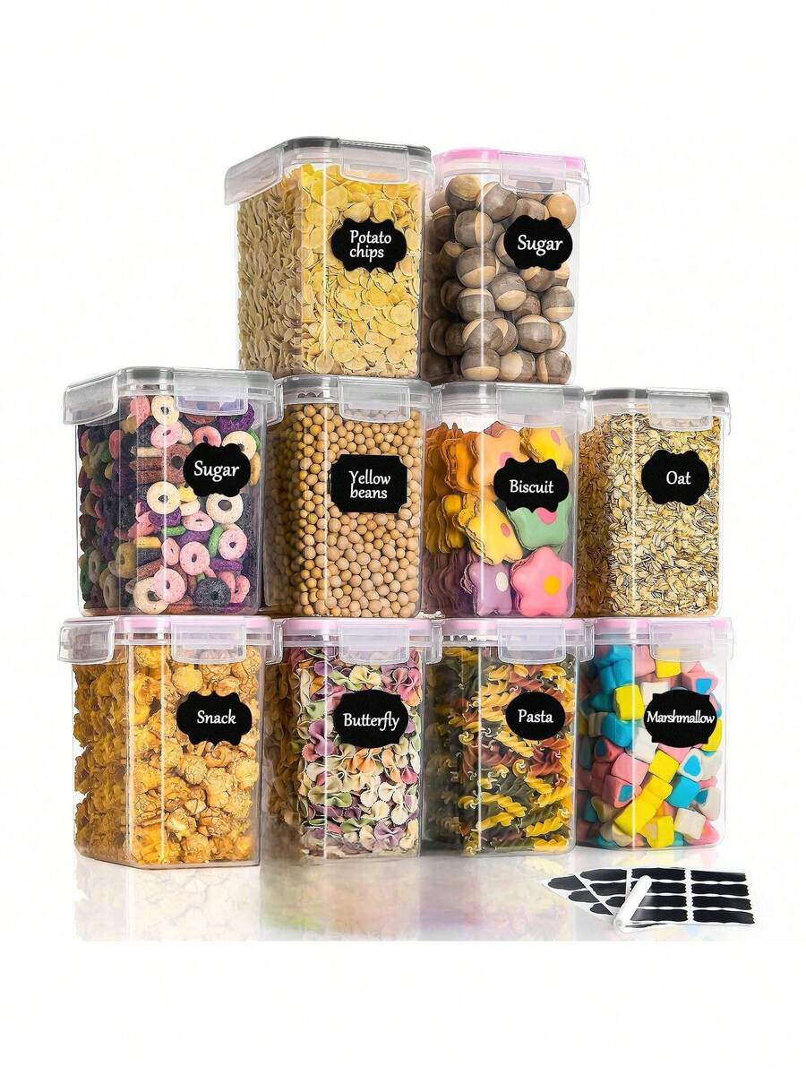 1.6L Storage Jars 10 Set, Storage Box Kitchen Airtight Container Made Of Plastic With Lid, Storage Jars For Storing Pasta, Cereal, Rice, Flour, And For Pet Food, Pink+Black, - Black Powder - View 1