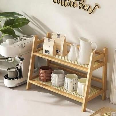 Organizador de estación de café con aspecto de mimbre, soporte para tazas de bambú, estante de encimera de cocina para accesorios de bar de té, café, soporte Matcha, exhibición de tazas