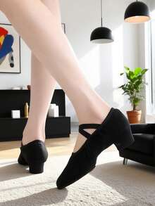 Modne buty do tańca na niskim obcasie 3 cm, z miękką podeszwą, dla kobiet, kolor czarny, elastyczny pasek na krzyż, wsuwane buty do uprawiania sportów halowych, do jogi, baletu, tańca latynoamerykańskiego i tańca współczesnego, wygodne, trwałe, lekkie, oddychające - Czarne - Zobacz 12