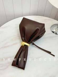 1pc Solid Color PU Leather Handbag, Burgundy Ancora Design, Women's Personalized Mini Cloud Pleated Bag With Metal Decor Zipper Closure, Suitable For Daily And Outdoor Use - 咖啡 - 查看 7