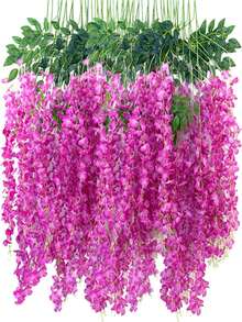 Juego de 12 piezas de flores colgantes de glicina artificial, decoración del hogar, fiestas de bodas - Rojo violeta - Ver 10