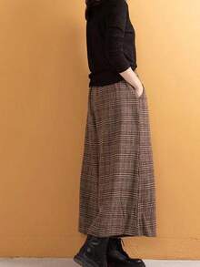 Casual Pantalones Plaid Nine Legged Pantalones Wide Legged Pantalones Pretty Pantalones anchos con cintura elástica de mezcla de lana estilo coreano para primavera, verano, otoño e invierno. Pantalones holgados informales para mujer. Pantalones cortos a cuadros. Pantalones anchos. Pantalones cortos holgados. Pantalones cálidos de mezcla de lana para otoño e invierno. - Café integral - Ver 5