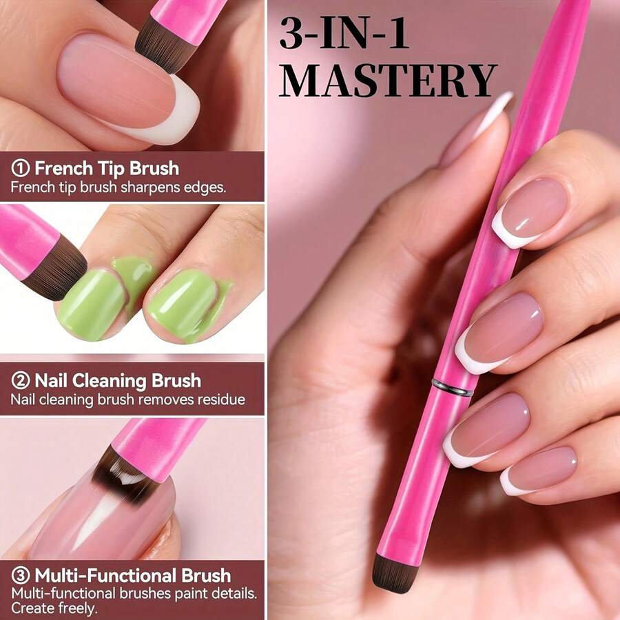 3-In-1 French Nail Brush With Multi-Functional Tips - Fine Nail Art Brush For Gel & Acrylic Nails, Precise Cleaning, Nail Polish Remover, Nail Polish Brush - Hồng - Xem 1
