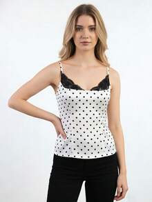 Women's Tie Front Button Down Cami Top Y2k Spaghetti Strap Bustier Corset Tops Camisole - White Polka Dots - View 3