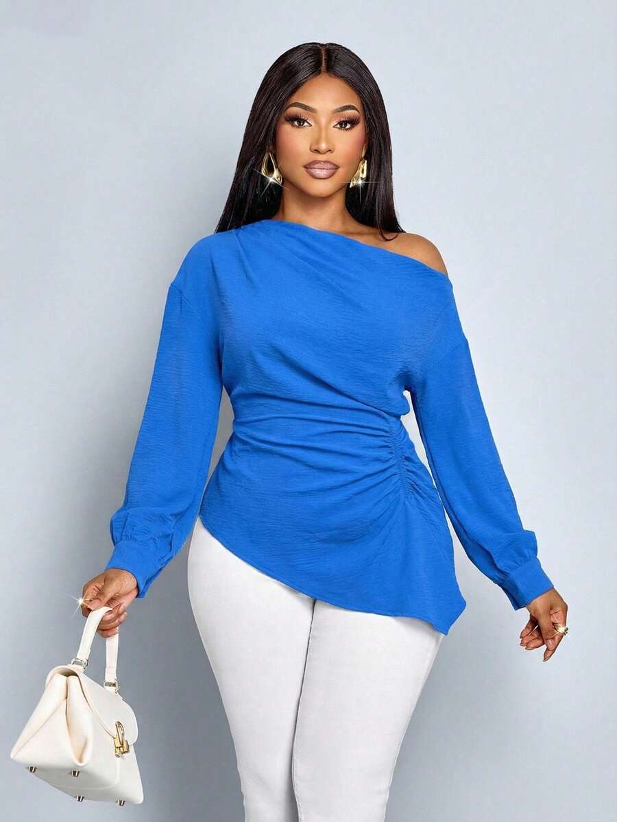 New Women's Blue Asymmetric Hem Long Sleeve Top, Waist Pleated Design, Soft & Comfortable Fabric, Fashionable & Versatile Spring/Autumn Blouse - Royal Blue - View 1
