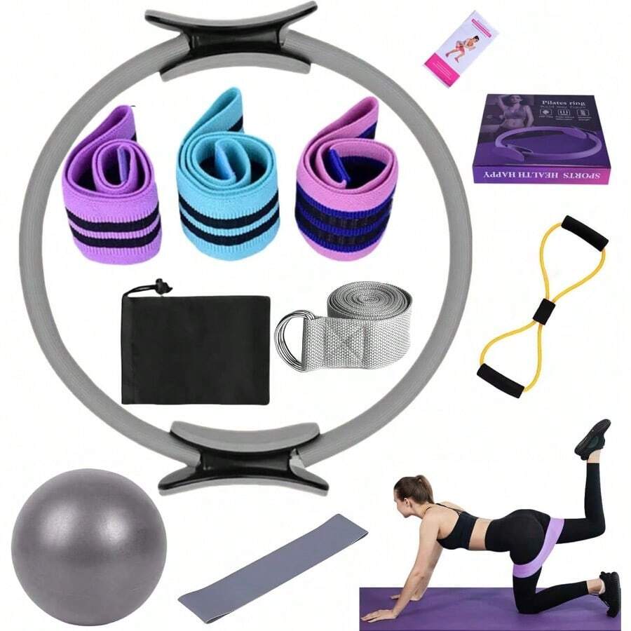 YAYUSI Kit de Pilates en Casa11 Piezas Pilates Kit Accesorios de Entrenamiento para Pilate con Pelota de Yoga 25cm Bandas De Resistencia y Cuerda Yoga 8 Formas para Tonificar Brazos Muslos Piernas - Gris - Ver 1