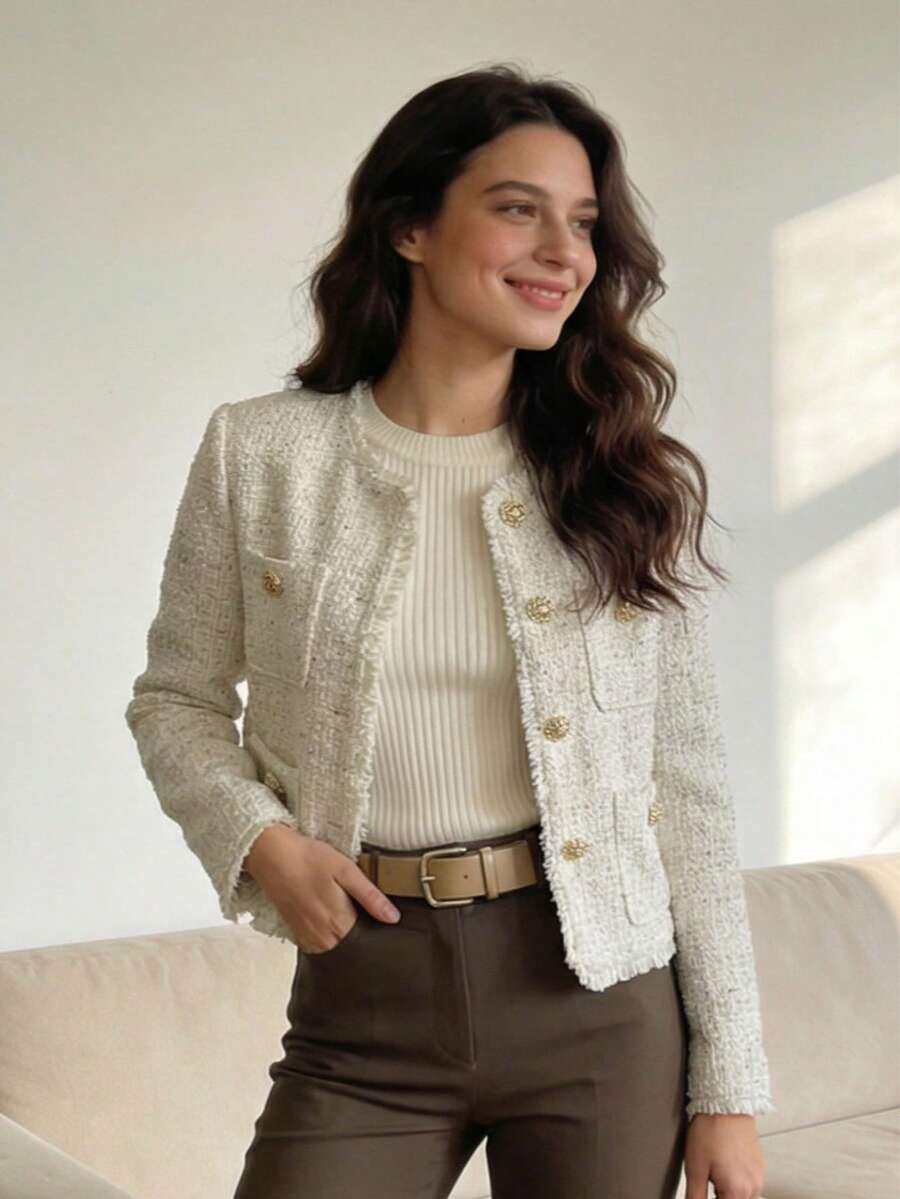 Giacca elegante da donna con collo rotondo, monopetto, con paillettes, in tweed testurizzato metallico vintage casual, colore beige