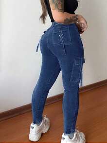 Quần cargo denim màu trơn phong cách Y2K, kiểu dáng thường ngày, đa năng, thích hợp cho mùa xuân. - Màu xanh trung bình - Xem 5