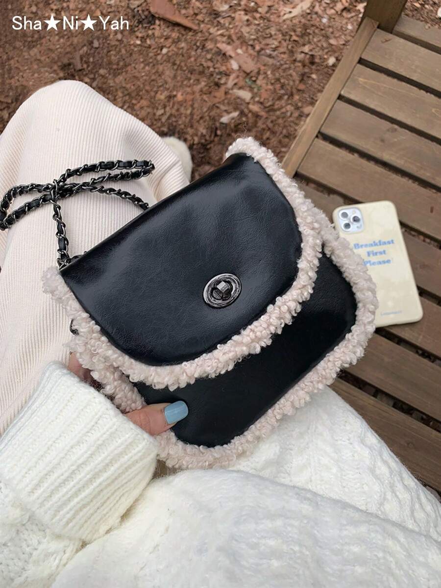 2025 New Autumn/Winter Fashion Chain Faux Shearling Crossbody Bag, Ins Half-Circle Saddle Shoulder Bag For Women
