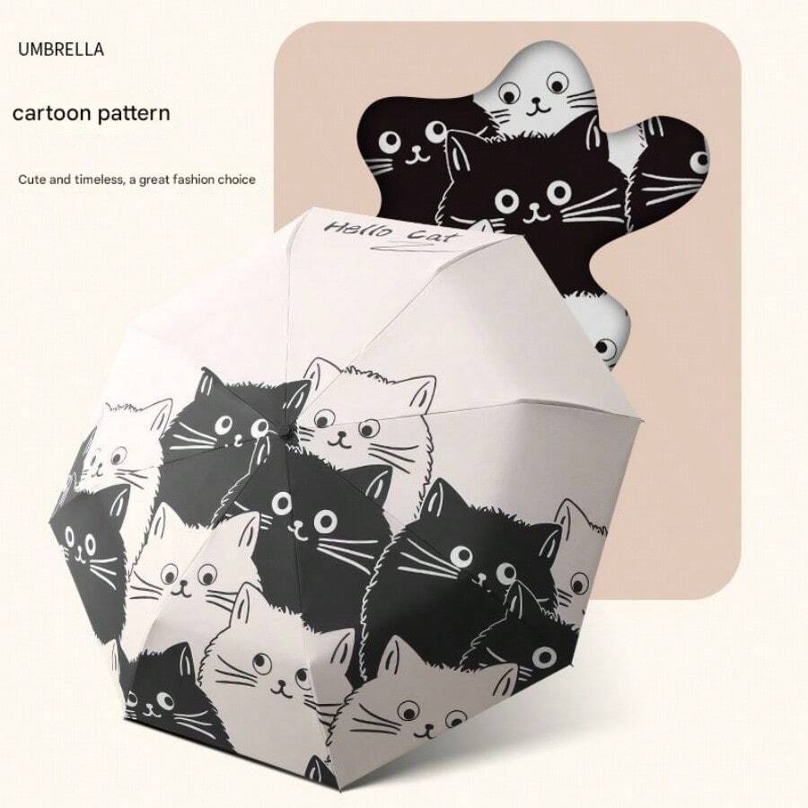 Cartoon Black And White Cat Automatic Folding Umbrella, Suitable For Both Sunny And Rainy Days, UV Protection, Sunshade Umbrella For Men And Women. - Black and White Cats Automatically - View 1