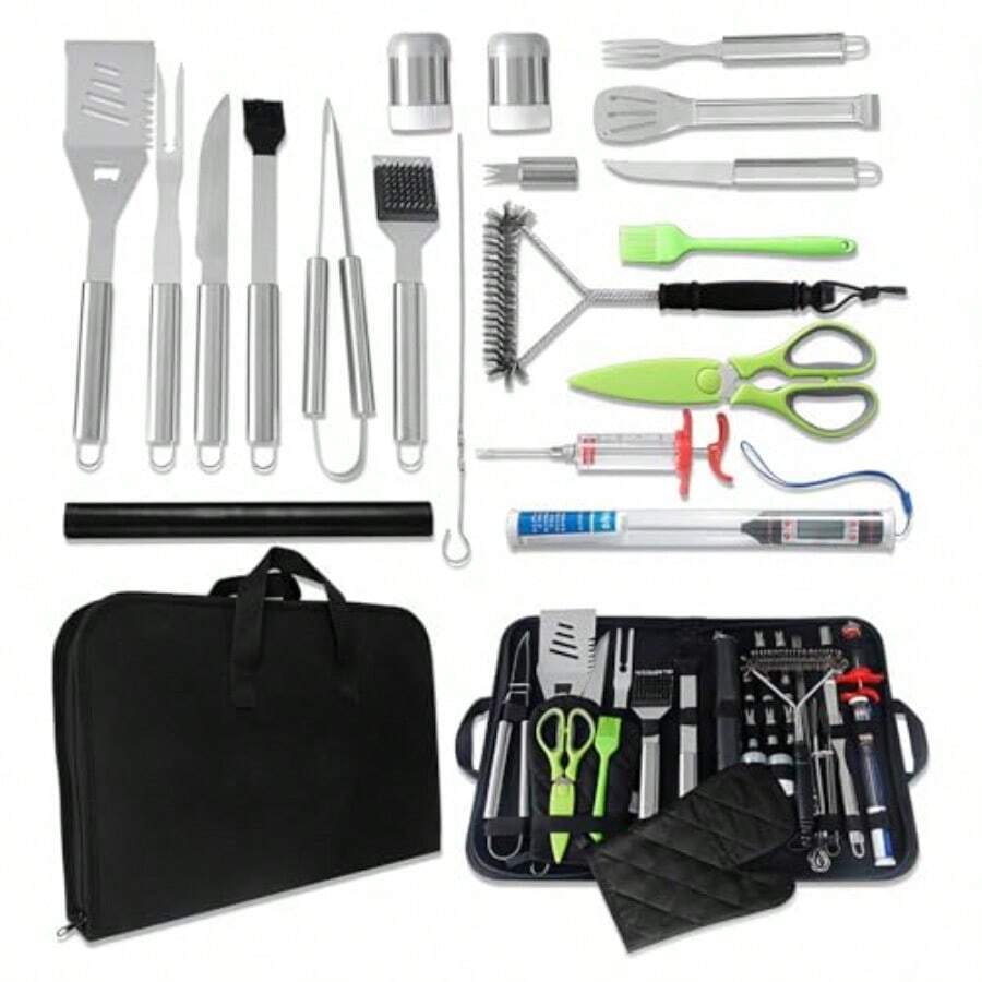 BLUEDREAMER BBQ Tools Set 34 Kit de Accesorios para ParrillaJuego de Barbacoa Utensilios y Cubiertos para Parrilla Asador Carne Asada Acero Inoxidable con Familiares al Aire Libre Picnic de Camping - Blanco - Ver 1