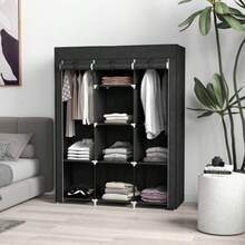 Fabric Wardrobe With Clothes Rail, 8 Shelves, 125x43x162.5cm, Black, Space-Saving Folding Wardrobe For Hallway & Bedroom - Black - View 3