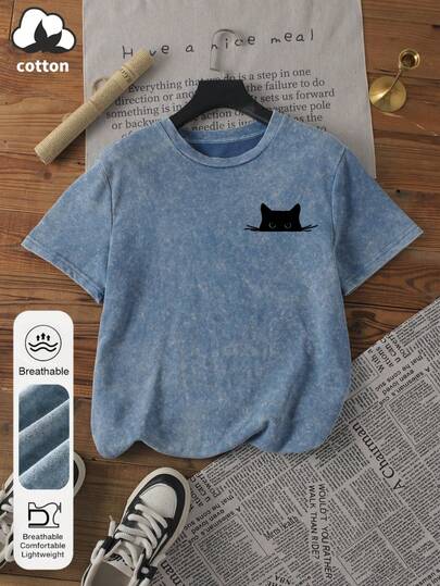 Camiseta casual de verano con cuello redondo y manga corta con estampado de gato lindo para mujer de talla grande, Parte superior de salida con estampado de gato asomando, Regalo para amantes de los gatos, Verano 2026 para mujeres, Estampado de gato con medio gato asomando para fiesta familiar de verano
