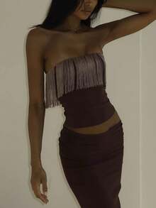 Women Fringe Tube Tops Strapless Tassel Bandeau Crop Tops Summer  Going Out Tops Streetwear - nâu sẫm - Xem 5