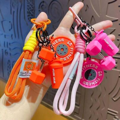 3pcs Colorful Silicone Fitness Equipment Shaped Keychains (Dumbbell / Barbell Plate / Mini Sports Water Bottle), Fashionable Hanging Decoration, Couples Backpack Key Chain Accessories