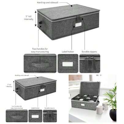 Cup And Mug Storage Box, China Cup Storage Containers Chest With Zipper Lid And Handles, Holds 12 Coffee Mugs And Tea Cups, Hard And Stackable