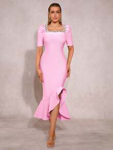 Nuovo arrivo Abito da cerimonia lungo da donna nero sexy, scollo quadrato, maniche a palloncino, orlo con volant e perline fatti a mano, abito da damigella d'onore formale, abito lungo fasciante per matrimonio, compleanno, occasione formale - Rosa - Visualizzare 1