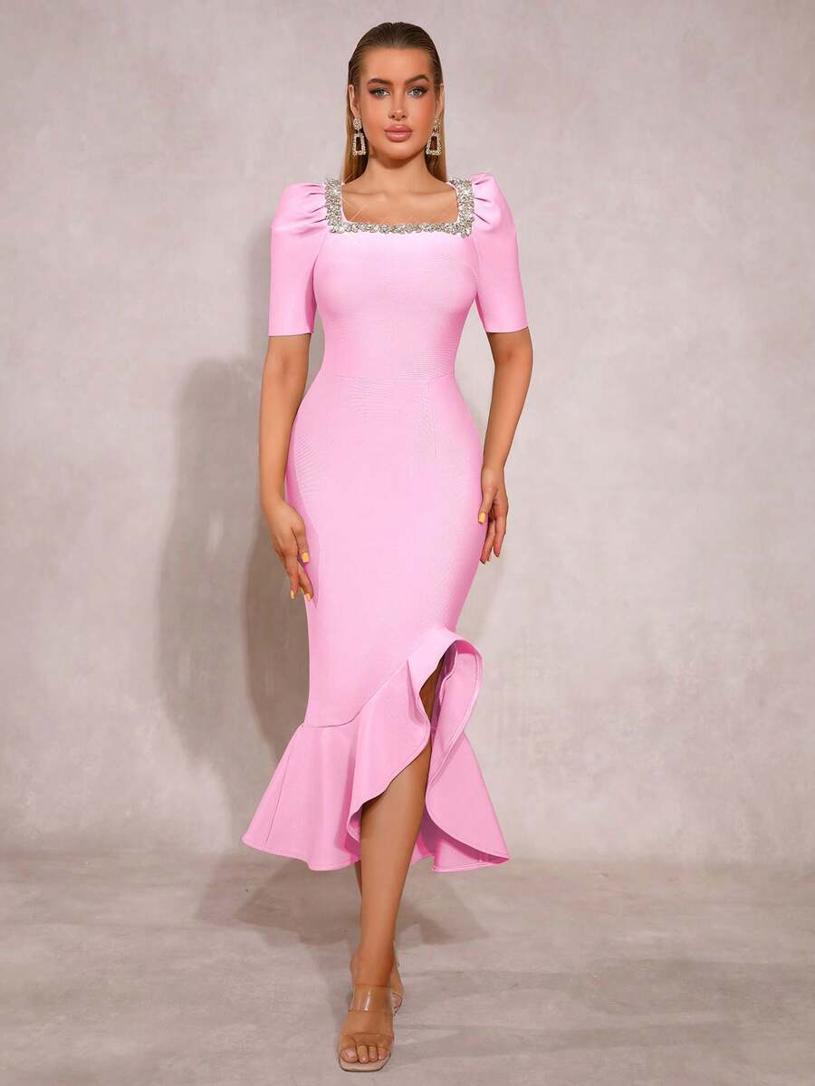 Nuovo arrivo Abito da cerimonia lungo da donna nero sexy, scollo quadrato, maniche a palloncino, orlo con volant e perline fatti a mano, abito da damigella d'onore formale, abito lungo fasciante per matrimonio, compleanno, occasione formale - Rosa - Visualizzare 1