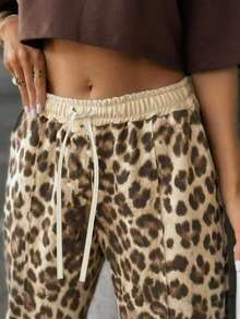 Women's Leopard Print Drawstring Knotted Pocket Contrast Color Casual Tapered Pants, Suitable For Daily Wear - Khaki - View 6