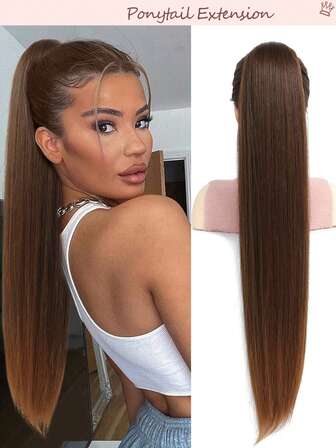 Ponytail Extensions Drawstring Long Straight Fake Pony Tail Natural Soft Clip In Hair Extension Synthetic Heat Resistant Hairpiece -Natural Brown To Medium Auburn Ends