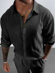 GloMan 男士 100% 亚麻棉混纺衬衫 - 透气落肩纽扣衬衫，纯色宽松版型，从度假到办公场合皆宜，适合海滩婚礼、鸡尾酒会和夏季通勤，父亲节送给爸爸/丈夫的礼物，黑色男士衬衫。送给妈妈的礼物 - 黑色 - 查看 7