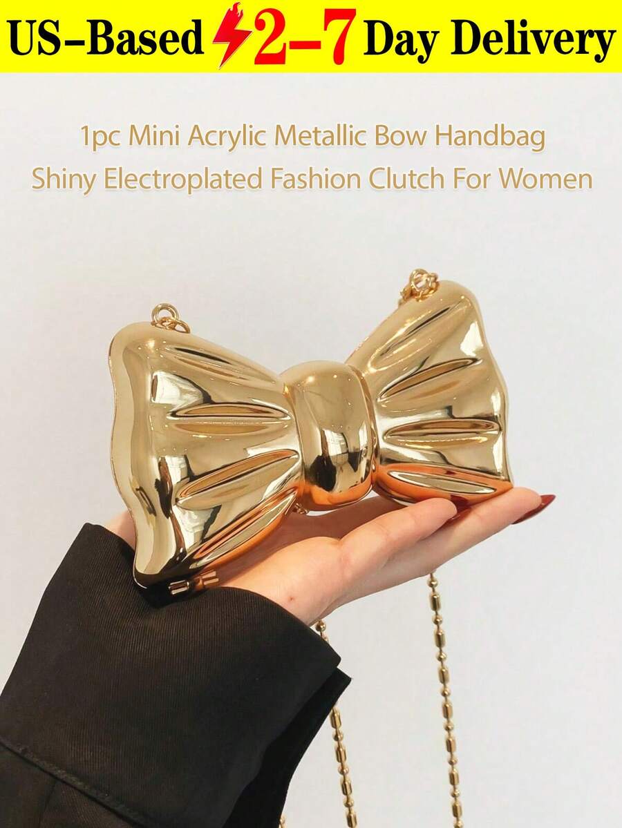 1pc Mini Acrylic Metallic Bow Handbag[US-Based Shipping],Shiny Electroplated Fashion Clutch For Women, Women's Fashion Chain Crossbody Bag, Suitable For Valentine's Day, Mini Acrylic Electroplated Metallic Silver Shiny Bow Decor Clutch Bag, Parties, Dates,Shiny, Chic, And Full Of Charm - This Mini Metallic Bow Bag Is Your New Party Essential. Multipurpose Coin Purse For Jewelry, Earphones Or Gifts , Weddings, Dates, Or As A Shoulder/Crossbody Bag,Bowknot Mini Evening Bag, Women's Chain Lip Gloss Pouch, Dates, Coin Purse,Versatile Women's Personalized Fashion Chain Lipstick Pouch, Jewelry/Earphone/Cosmetic Storage Box, Gift For Ladies, Suitable For Valentine's Day, Party, Wedding Dress Decoration, Date Use Shoulder/Crossbody Bag, Elegant Ladies ,Christmas, Christmas Gifts, Christmas Outfits, Christmas Styling, Purse,Purses,Bags,Bag,Wallet,Purses And Bags Women,Personalized Gifts,Keychain,Stocking Stuffers For Women,Wicked,Travel Bags,Pink Purse,Cruise Essentials,Customized Gifts - 金色 - 查看 1