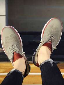 男士新款轻便透气网面休闲鞋，卡其色，时尚舒适大码男士乐福鞋