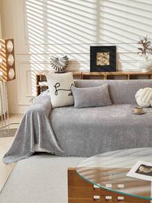1 buah Sarung Sofa Rumbai Chenille Warna Polos, Ramah Hewan Peliharaan, Tahan Lama, Dapat Dicuci, Pelindung Sofa Dekorasi Liburan, Cocok untuk Sofa 1/2/3/4 Dudukan - Light Grey - View 4