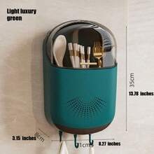 四色壁挂式厨房用具收纳架，带防尘透明盖 – 通风排水，免钻孔粘贴安装，大容量可收纳筷子/勺子/叉子，时尚挂钩设计，节省厨房空间