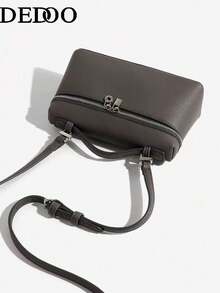 Dedoo 1个纯色荔枝纹PU方形斜挎包，女士小钱包，适合日常时尚搭配，时尚米黄色女士手提包 - 灰色 - 查看 5