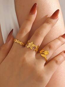 3件套不锈钢镀18K金时尚玫瑰花戒指套装，适合女性日常佩戴、约会、节日礼物 - 彩色 - 查看 3