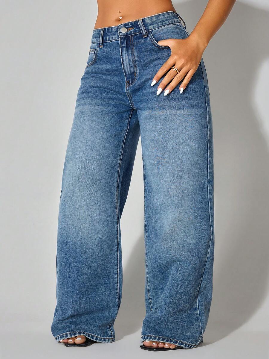 Quần jeans nữ ống rộng cạp thấp, màu xanh dương, có túi hai bên, kiểu dáng suông, thích hợp cho mùa thu và mùa xuân. - Màu xanh hải quân - Xem 1